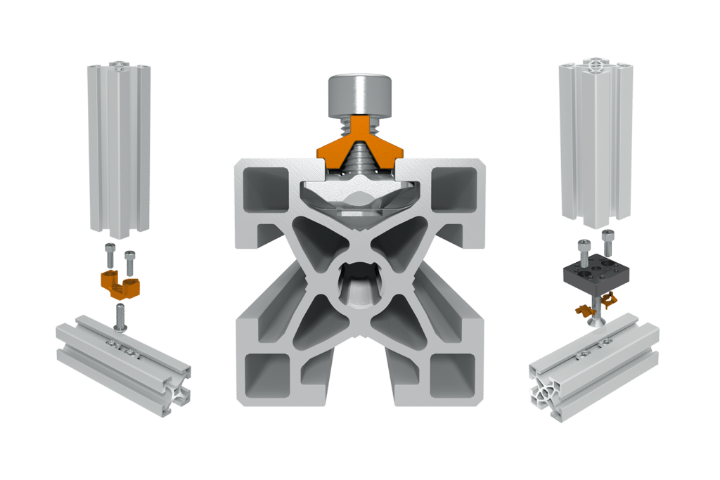Die Aluminiumprofile von Robotunits lassen sich mit den Verbindungstechnik Komponenten ohne bohren und ohne fräsen mittels Schrauben und Spreizkeil formschlüssig verbinden.