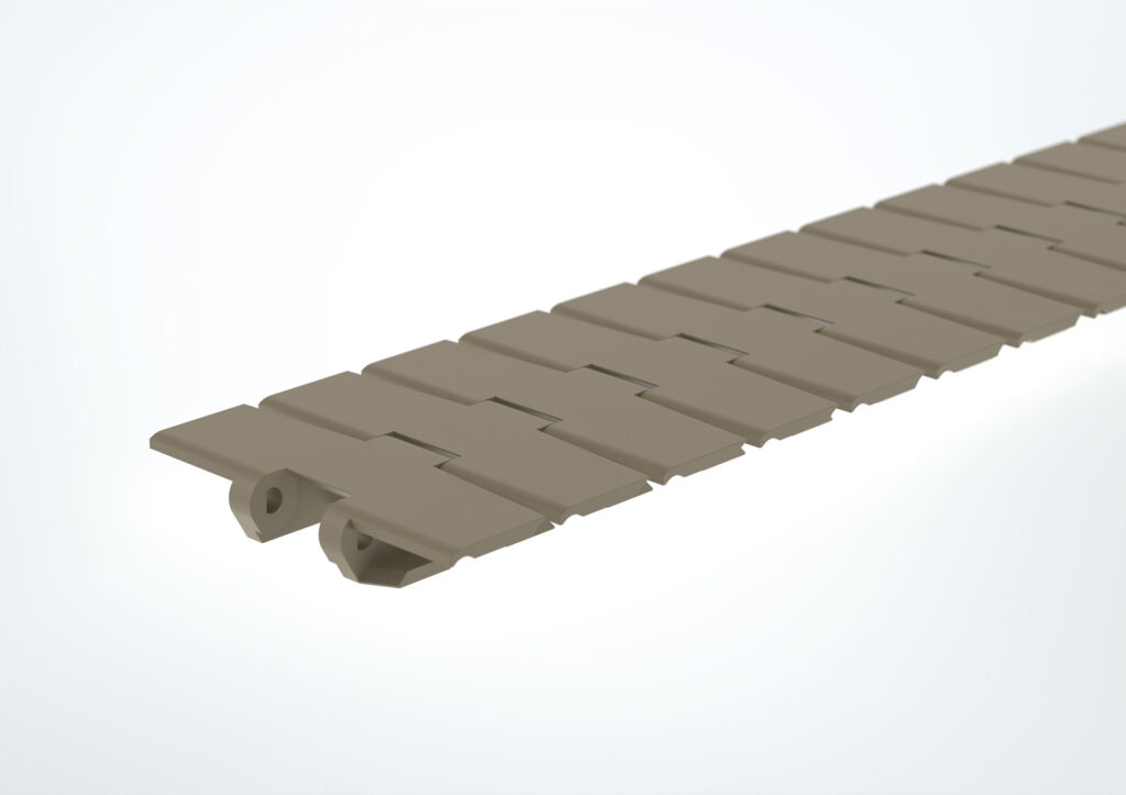 Förderkette mit einer Kettenbreite von 114,3 mm, geeignet für den Einsatz in Kurven mit einem Radius von 200 mm, speziell für die schnelle und zuverlässige Materialförderung in engen Radien.