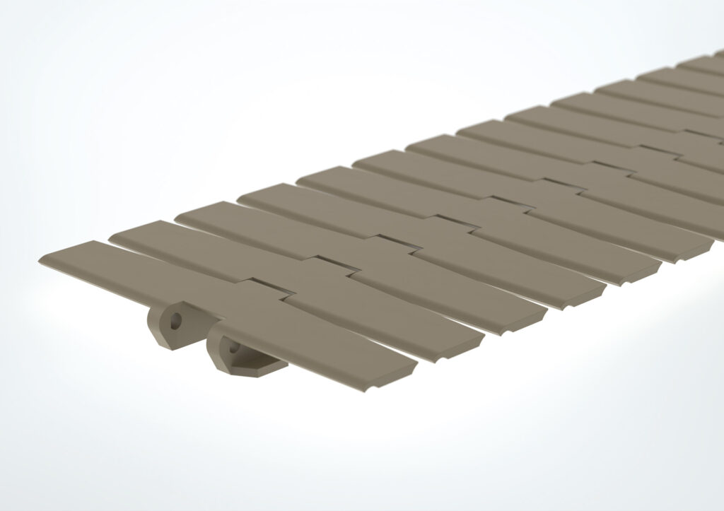 Förderkette mit einer Breite von 190,5 mm, geeignet für den Kurvenradius von 610 mm, speziell für den Einsatz in engen Radien bei Scharnierkettenförderern von Robotunits.