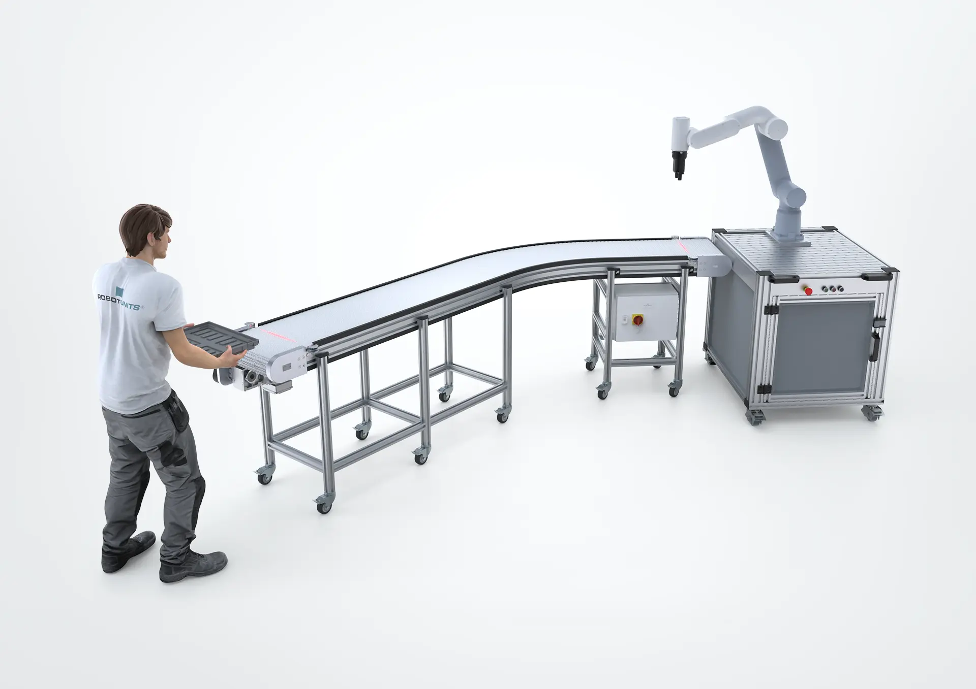 Person legt manuell per Startsensor Kleinteilebehälter auf ein Modulbandförderer auf welches mit einer Cobot-Station verbunden ist.
