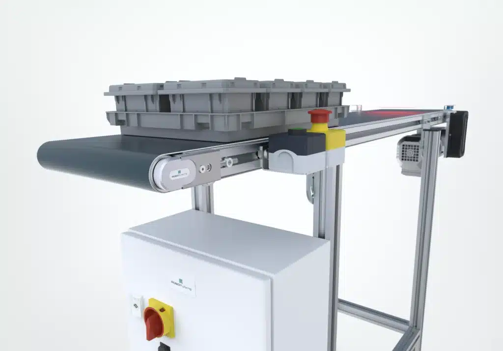Pásový dopravník Robotunits se senzory, tlačítkem start/stop, včetně rozvaděče a připravený k okamžitému použití – dopravní technika Robotunits na klíč typu Plug & Play.